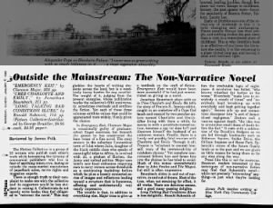 James Polk, "Outside the Mainstream: The Non-Narrative Novel," Newsday, January 6, 1980, 18-Ideas